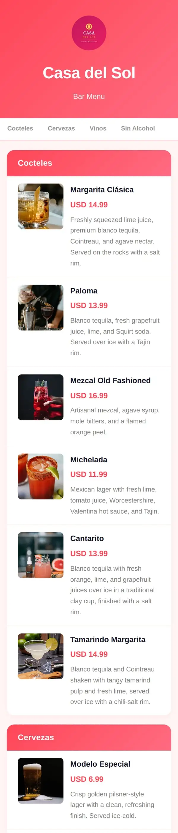 Casa del Sol's bar menu on a mobile phone — cocktails, beer, wine and non-alcoholic drinks with photos and prices